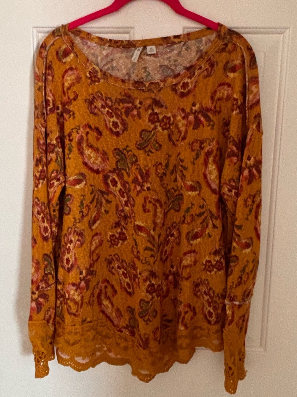 Cato Mustard Paisley Lace-Hem Long Sleeve Top